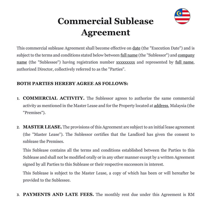 Commercial sublease agreement Malaysia