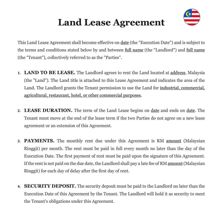 Land lease agreement Malaysia